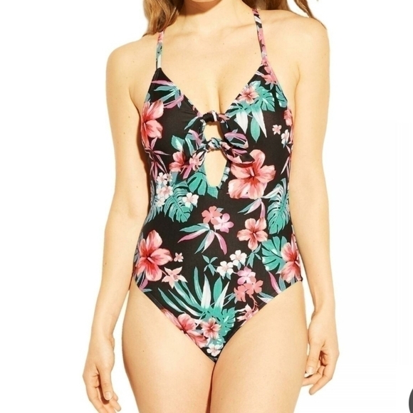 Shade & Shore Other - Floral tie front scoop back one-piece  swim suit S